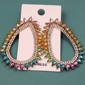 Express, NWT, large oblong hoop multi color rhinestone pierced post earrings